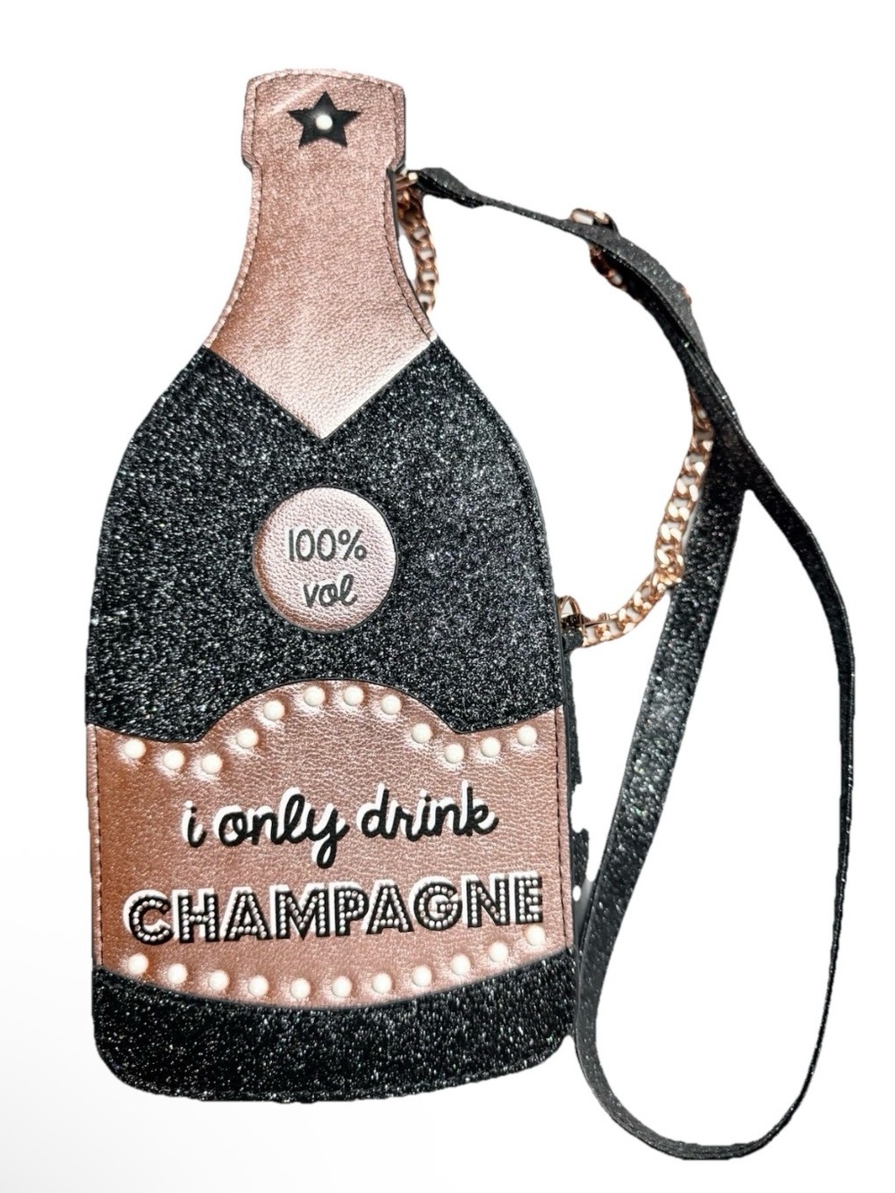 Champagne Bottle Kitsch Novelty Crossbody Bag Purse Glitter Rose Sparkling Wine